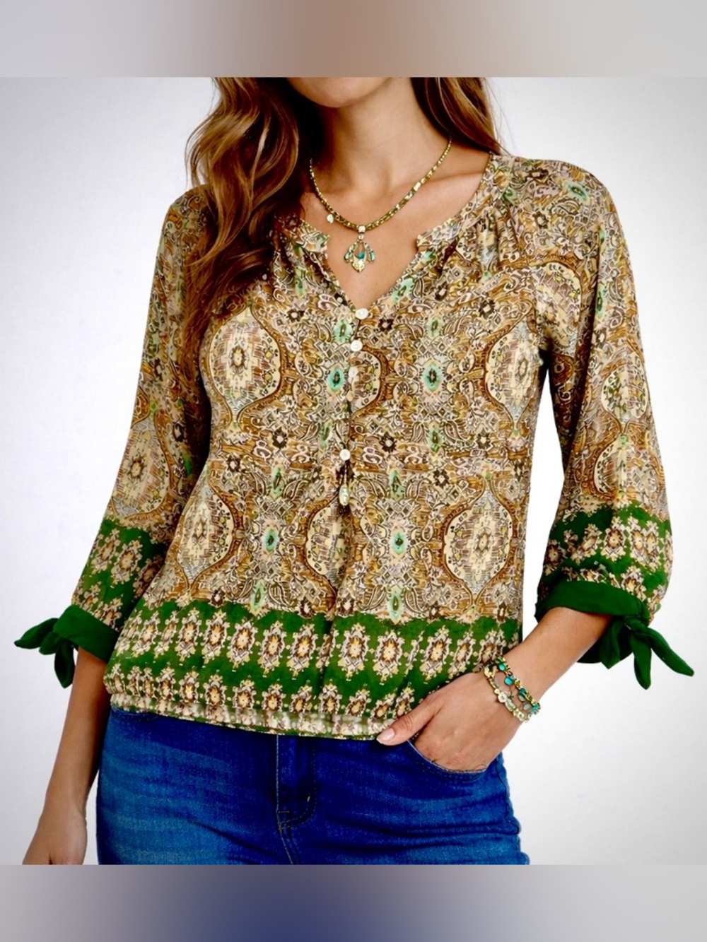Fig & Flower Boho Paisley Tie-Cuff Blouse - Size S